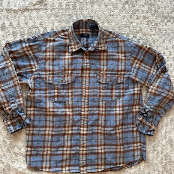 Izod Jeans Men’s Button Down Long Sleeve Cotton Denim Plaid Shirt Size L - Picture 1 of 6